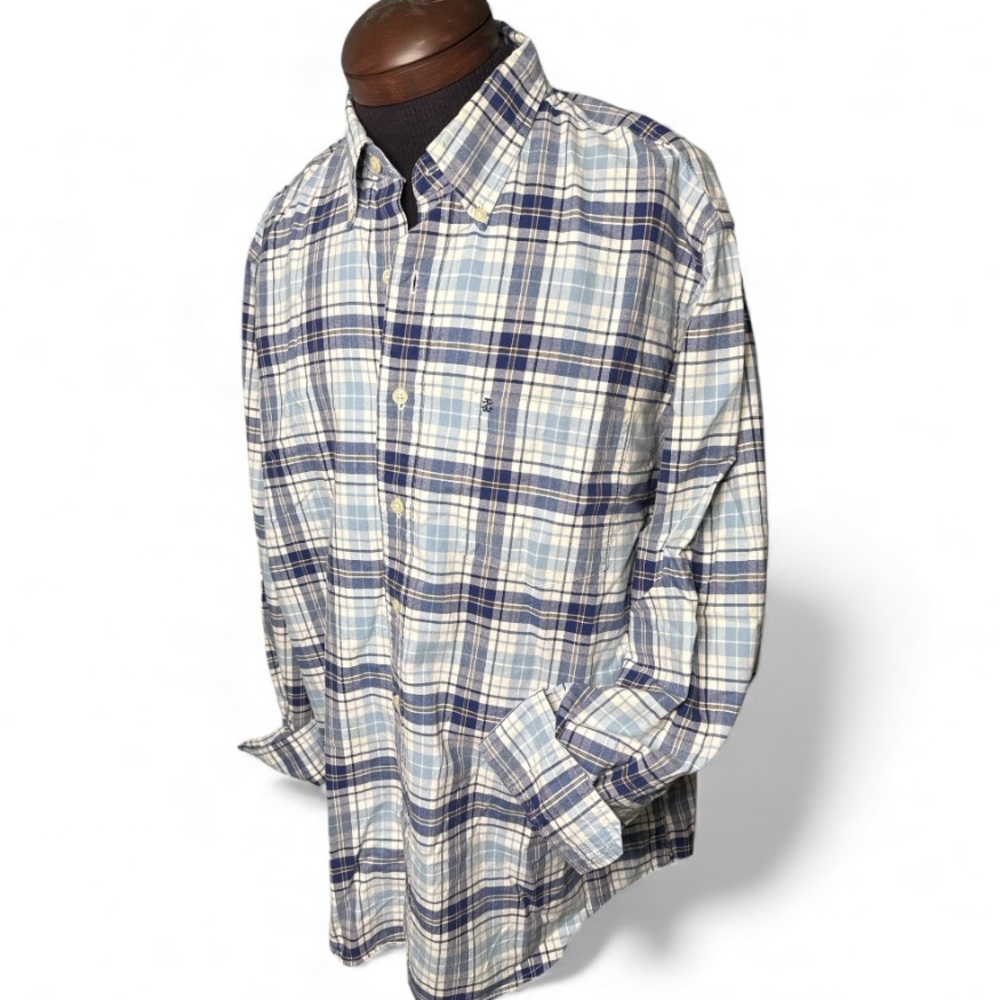 Izod Men's L Blue & White Plaid Button Down Shirt Long Sleeve Preppy Classic